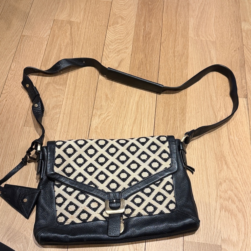 DVF Diane Von Furstenberg Tribal Black & Cream Crossbody Leather and Fabric Bag